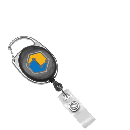 A Custom Printed Oval Shaped Carabiner Badge Reels - Online Designer - Add Personalized Logo or Graphic, featuring a black and yellow logo, is an excellent way to promote brand awareness.