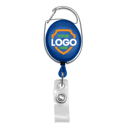 A blue Custom Printed Oval Shaped Carabiner Badge Reels - Online Designer - Add Personalized Logo or Graphic with a clear plastic clip and a customizable logo area emblazoned with the text "YOUR LOGO HERE" within an orange shield outline. Perfect for custom badge reels, this tool helps promote brand awareness effortlessly.