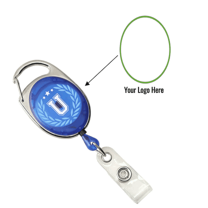 A Custom Printed Oval Shaped Carabiner Badge Reel - Online Designer - Add Personalized Logo or Graphic with a "U" emblem and a carabiner clip. An arrow points to a green circle with the text "Your Logo Here" to promote brand awareness using custom badge reels.