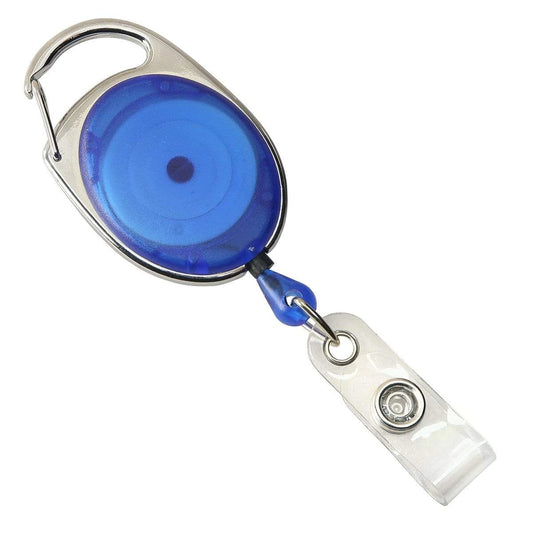 A Carabiner Badge Reel - Premium Retractable Oval Badge Holder with Carabiner Clip for Belt Loops & Purse Straps (2120-70XX) featuring a blue plastic case and metal clip. It includes a clear strap with a metal snap button for attaching an ID card, ensuring both durability and convenience.