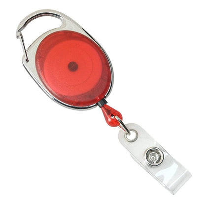 A red Carabiner Badge Reel - Premium Retractable Oval Badge Holder with Carabiner Clip for Belt Loops & Purse Straps (2120-70XX) with a metal clip and a clear plastic snap enclosure for attaching an ID card, offering the functionality of a premium badge reel.