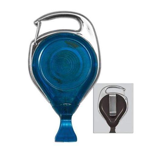Blue and silver retractable Proreel Carabiner Badge Reel with Belt Clip (P/N 2120-706X) on top and a belt clip on the back.