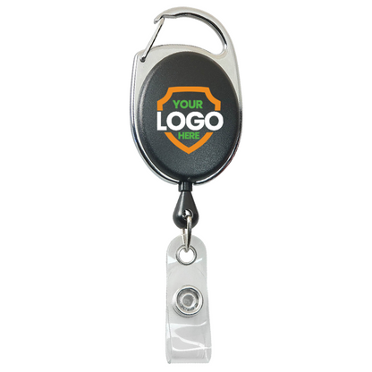Custom Printed Carabiner Badge Reels with Belt Clip - Online Designer - Add Personalized Logo or Graphic, featuring space for custom badge reels logos. Sold by Specialist ID.