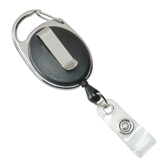 A Premium Oval Badge Reel with Carabiner and Belt Clip (2120-71XX) features a transparent plastic strap, perfect for securely holding ID cards.