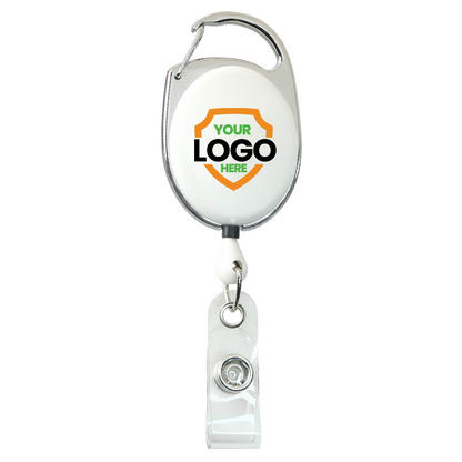 A Custom Printed Carabiner Badge Reels with Belt Clip - Online Designer - Add Personalized Logo or Graphic featuring a silver carabiner clip and a white circular front displaying the text "YOUR LOGO HERE" with a yellow shield design in the background.