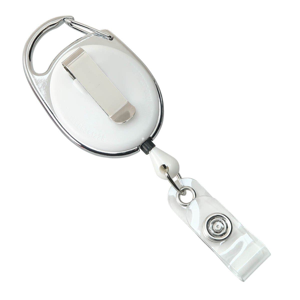 A Premium Oval Badge Reel with Carabiner and Belt Clip (2120-71XX), featuring a white retractable design, metal clip, and clear plastic ID holder. Sold by Specialist ID.