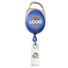 A blue Custom Printed Carabiner Badge Reel with Belt Clip - Online Designer - Add Personalized Logo or Graphic, displaying "Your Logo Here" on the round face, and a transparent strap with a metal snap.