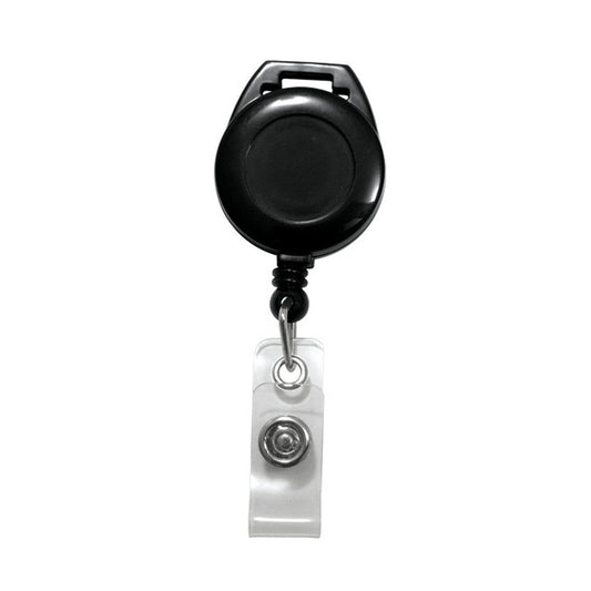 Retractable Badge Reel with Top Slot Lanyard Attachment (P/N 2120-7501) with a clear plastic clip at the bottom and a durable vinyl strap clip for extended reach.