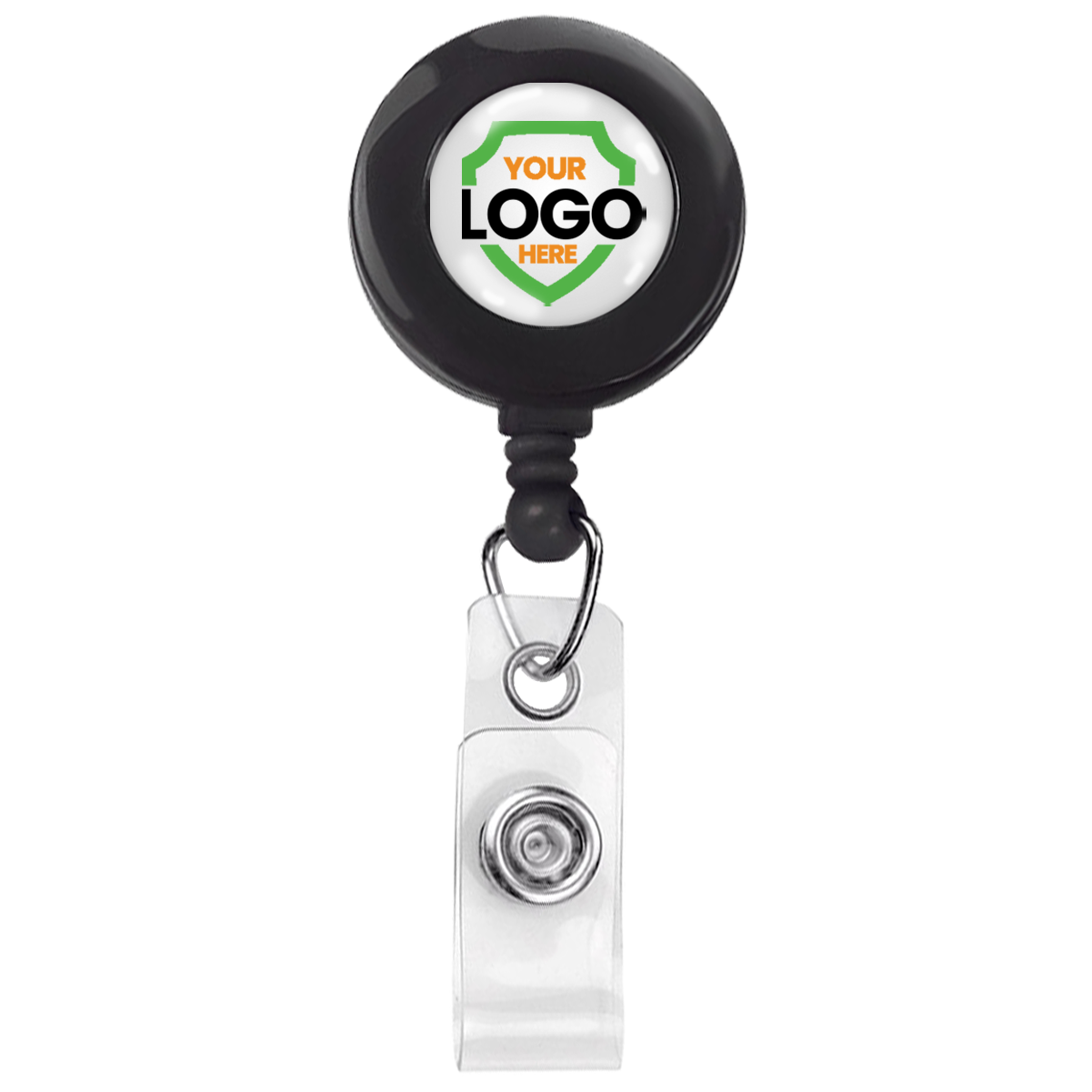 A retractable badge reel with a black casing, featuring a customizable logo area on the front, and a clear plastic clip attached at the bottom. Ideal for promotional giveaways, these Custom Badge Reels with Swivel Spring Clip - Personalized Bulk ID Badge Holders for Business, Nurses, and Teachers are perfect for boosting brand awareness at events and in busy workplaces.
