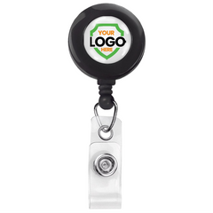 A retractable badge reel with a black casing, featuring a customizable logo area on the front, and a clear plastic clip attached at the bottom. Ideal for promotional giveaways, these Custom Badge Reels with Swivel Spring Clip - Personalized Bulk ID Badge Holders for Business, Nurses, and Teachers are perfect for boosting brand awareness at events and in busy workplaces.
