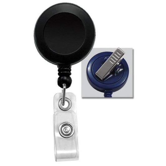 Badge Reel with Swivel Spring Clip (P/N 2120-760X) with a clear plastic strap and a swivel spring clip on the back for attaching to clothing.