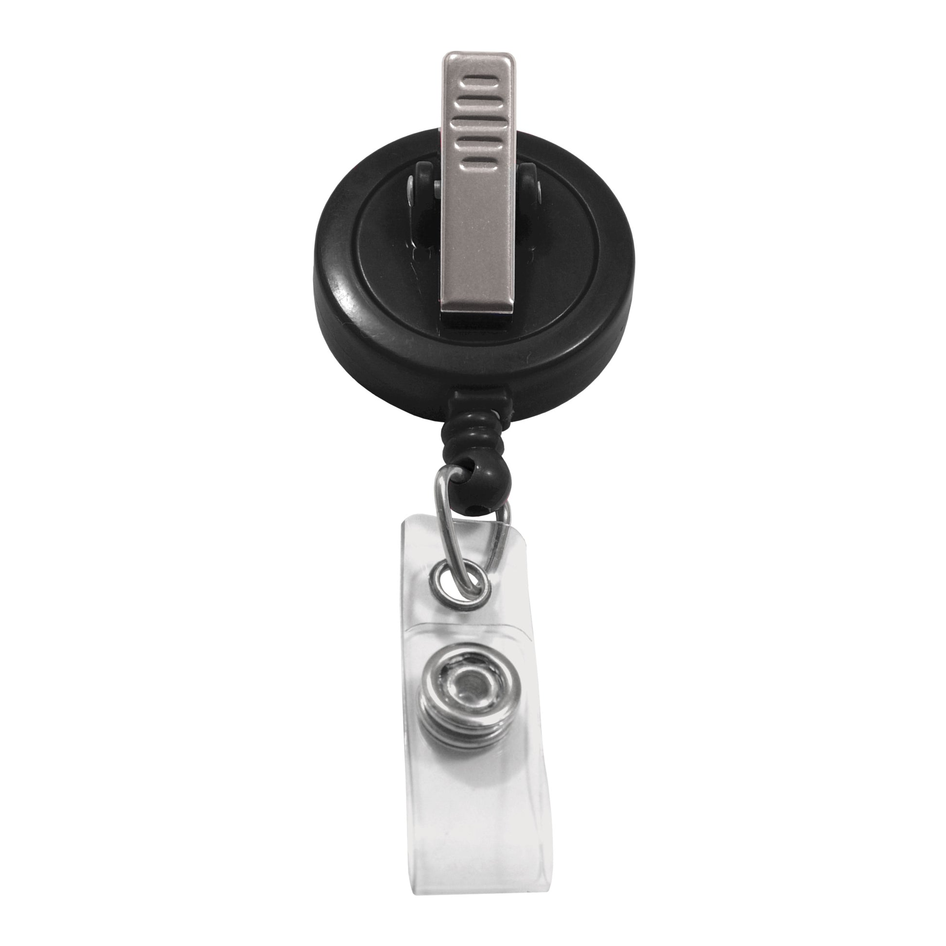 A Custom Badge Reels with Swivel Spring Clip - Personalized Bulk ID Badge Holders for Business, Nurses, and Teachers with a black circular base, a spring clip on top, and a transparent strap ending in a metal snap button attachment. Ideal for custom badge reels, perfect for promotional giveaways to boost brand awareness.