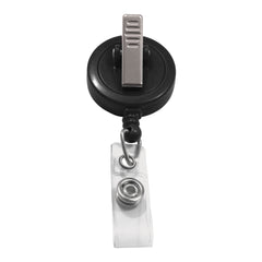 A Custom Badge Reels with Swivel Spring Clip - Personalized Bulk ID Badge Holders for Business, Nurses, and Teachers with a black circular base, a spring clip on top, and a transparent strap ending in a metal snap button attachment. Ideal for custom badge reels, perfect for promotional giveaways to boost brand awareness.