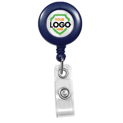 A navy blue Custom Badge Reels with Swivel Spring Clip - Personalized Bulk ID Badge Holders for Business, Nurses, and Teachers with a clear strap clip and space for an imprinted logo, perfect for promotional giveaways to boost brand awareness.