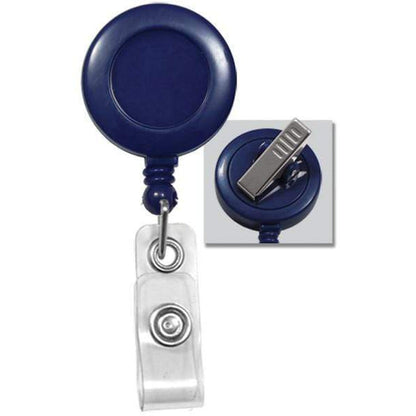 Blue Badge Reel with Swivel Spring Clip (P/N 2120-760X) and a clear plastic strap for holding identification cards. Inset image shows a close-up view of the metal clip on the back. Sold by Specialist ID.
