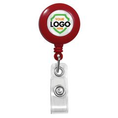 A Custom Badge Reel with Swivel Spring Clip - Personalized Bulk ID Badge Holder for Business, Nurses, and Teachers with a customizable logo area at the center and a transparent plastic clip at the bottom, perfect for promotional giveaways to boost brand awareness.