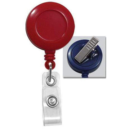 A red badge reel with a clear plastic strap and metal hook. Inset image shows the back of a Badge Reel with Swivel Spring Clip (P/N 2120-760X). Sold by Specialist ID.