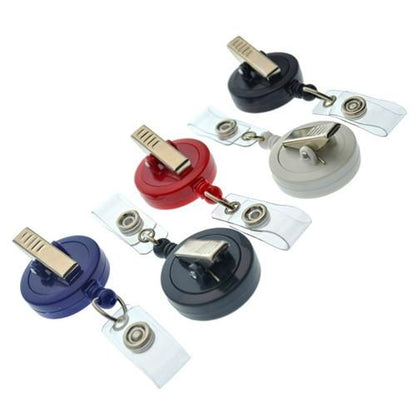 Four Badge Reels with Swivel Spring Clip (P/N 2120-760X), each featuring a swivel spring clip, with clear plastic straps are arranged in a row. The colors are black, red, white, and blue.