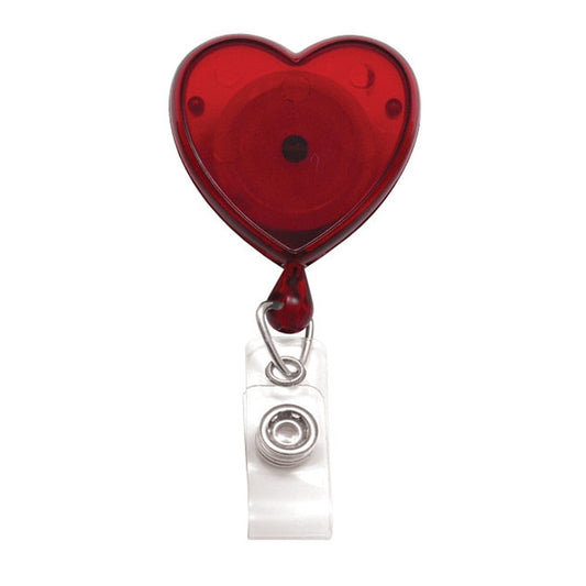 A red Heart Shaped Badge Reel With Rotating Spring Clip (P/N 2120-761X) with a retractable cord and a transparent swivel spring clip at the bottom.