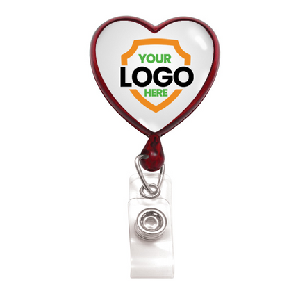 Heart-shaped badge reel with a customizable logo area and clip at the bottom to promote brand awareness has been replaced with "Custom Heart Shaped Badge Reel With Rotating Spring Clip - Personalize with Your Logo.