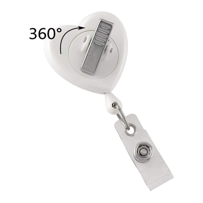 Heart Shaped Badge Reel With Rotating Spring Clip (P/N 2120-761X) labeled "360°." It features a retractable cord and an additional clip for attaching ID cards.