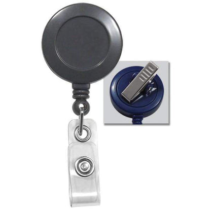 A Badge Reel with Swivel Spring Clip (P/N 2120-760X) with a clear plastic strap and swivel spring clip, shown with a close-up of the back clip attachment. Sold by Specialist ID.