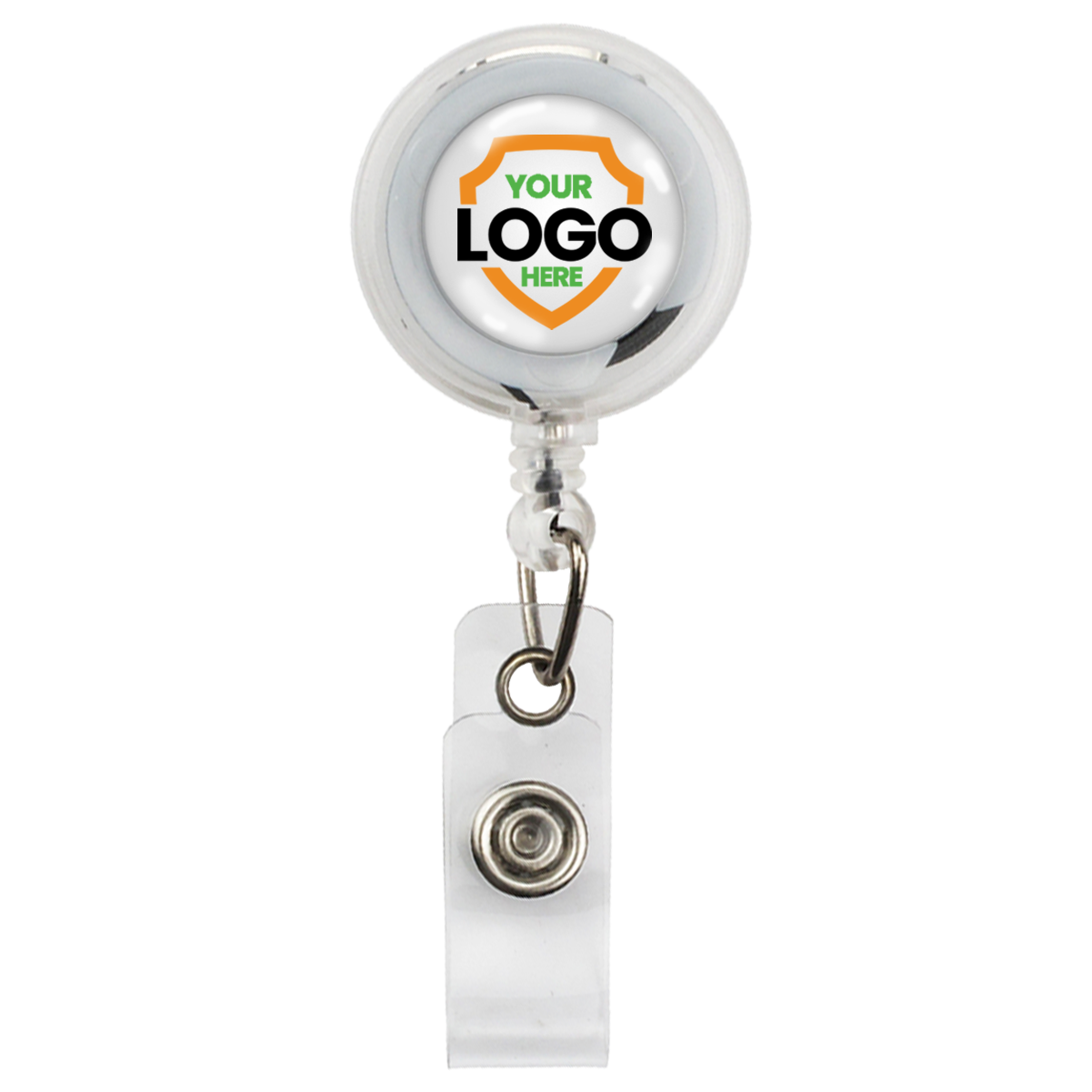 A retractable badge reel with a transparent casing and metal clip, featuring a customizable "Your Logo Here" area at the center to promote brand awareness. These Translucent Custom Retractable Badge Reels With Belt Clip (2120-360X) are perfect for showcasing your company logo.