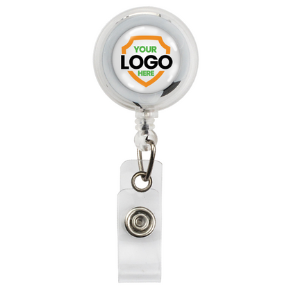 A retractable badge reel with a transparent casing and metal clip, featuring a customizable "Your Logo Here" area at the center to promote brand awareness. These Translucent Custom Retractable Badge Reels With Belt Clip (2120-360X) are perfect for showcasing your company logo.