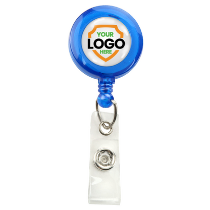A Translucent Custom Retractable Badge Reel With Belt Clip (2120-360X) featuring a customizable logo area and a clear strap clip, perfect for promoting brand awareness. Sold by Specialist ID.