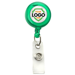 A Translucent Custom Retractable Badge Reel With Belt Clip (2120-360X) with a white circular insert featuring the text "YOUR LOGO HERE" in black and orange, and a clear plastic strap clip attachment to promote brand awareness.