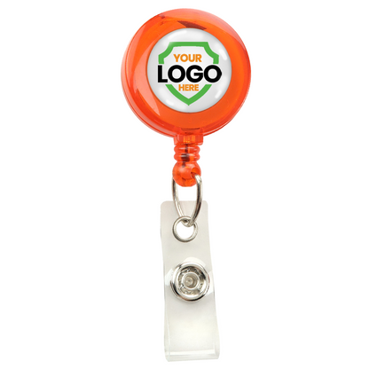 Translucent Custom Retractable Badge Reel With Belt Clip (2120-360X) with a clear plastic clip and a customizable section for a logo reading "Your Logo Here." Perfect for custom badge reels to promote brand awareness.