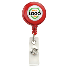 A Translucent Custom Retractable Badge Reel With Belt Clip (2120-360X) with a clip and clear reel, featuring a customizable "Your Logo Here" text on a white background. Perfect for custom badge reels to promote brand awareness.