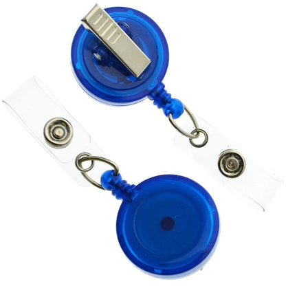 Two Translucent Badge Reels with Swivel Clips (P/N 2120-762X) and clear plastic straps, designed for holding ID cards or badges.