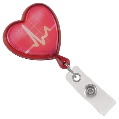 A Heart Shaped EKG Themed Badge Reel with Swivel Spring Clip (2120-76XX) with a vibrant electrocardiogram design, featuring a retractable cord and a swivel spring clip, perfect for holding identification cards or badges in a hospital setting.