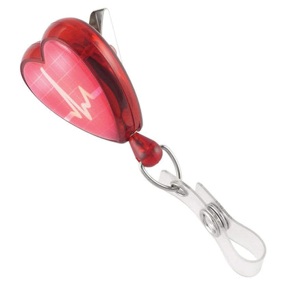 A Heart Shaped EKG Themed Badge Reel with Swivel Spring Clip (2120-76XX) with a red plastic casing and a white electrocardiogram line design, perfect for a hospital setting. This badge clip features a convenient swivel spring clip for ease of use.