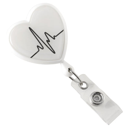 A white heart shaped badge perfect for a hospital setting, designed as a Heart Shaped EKG Themed Badge Reel with Swivel Spring Clip (2120-76XX). Sold by Specialist ID.