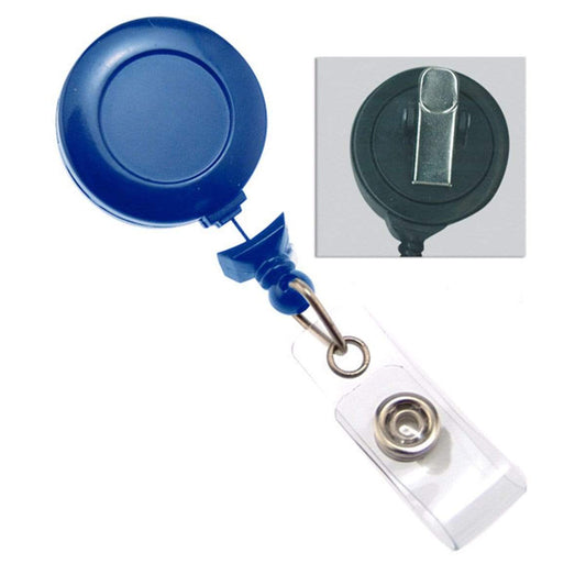 No Twist Badge Reel with a Swivel Spring Clip (P/N 2120-764X) with a metal clasp and a clear ID holder, shown with a rear view close-up of the swivel spring clip—ideal for the medical industry.