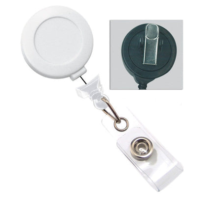 A white, retractable No Twist Badge Reel with a Swivel Spring Clip (P/N 2120-764X) with a clear plastic strap. An inset image shows the rear side, featuring a metal Swivel Spring Clip ideal for use in the medical industry.