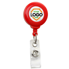 A Standard Custom Printed Badge Reel w/ No Twist Design - Add Your Logo to Personalize, featuring a customizable logo space in the center to promote brand awareness. The plastic clip and retractable cord are visible, enhancing its professional image.