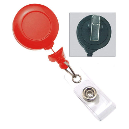 A No Twist Badge Reel with a Swivel Spring Clip (P/N 2120-764X) with a clear plastic snap clip, a swivel spring clip for versatility, and a metal belt clip on the back. Ideal for the medical industry.