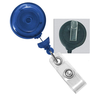 A No Twist Badge Reel with a Swivel Spring Clip (P/N 2120-764X) is shown, including a detailed view of the clip mechanism. The holder also features a clear plastic strap attachment, making it ideal for the medical industry.