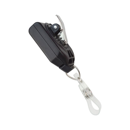 A B-REEL Badge Reel with Saw-toothed Swivel-clip (P/N 2120-780X) with a black plastic casing featuring a no twist design and a silver saw-toothed swivel clip, attached to a clear plastic lanyard loop.