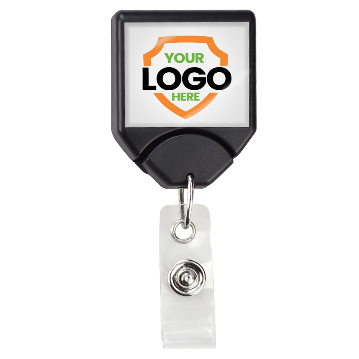 A black and clear Custom Printed B-REEL Retractable Badge Reel with Saw-Toothed Swivel-clip, featuring a placeholder for a logo above the clip—an ideal choice to promote brand awareness using custom badge reels.