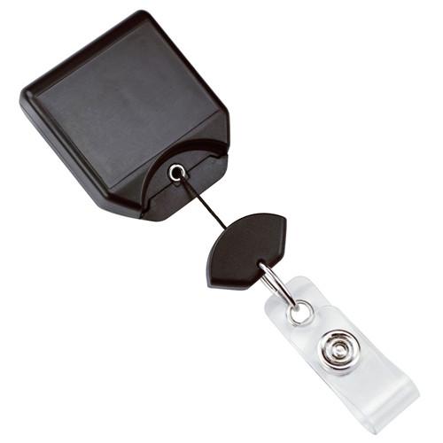 A B-REEL Badge Reel with swivel belt clip (P/N 2120-800X), featuring a black retractable holder with a clear plastic clip and metal snap, square casing, and rotating belt clip, perfect for easy access.