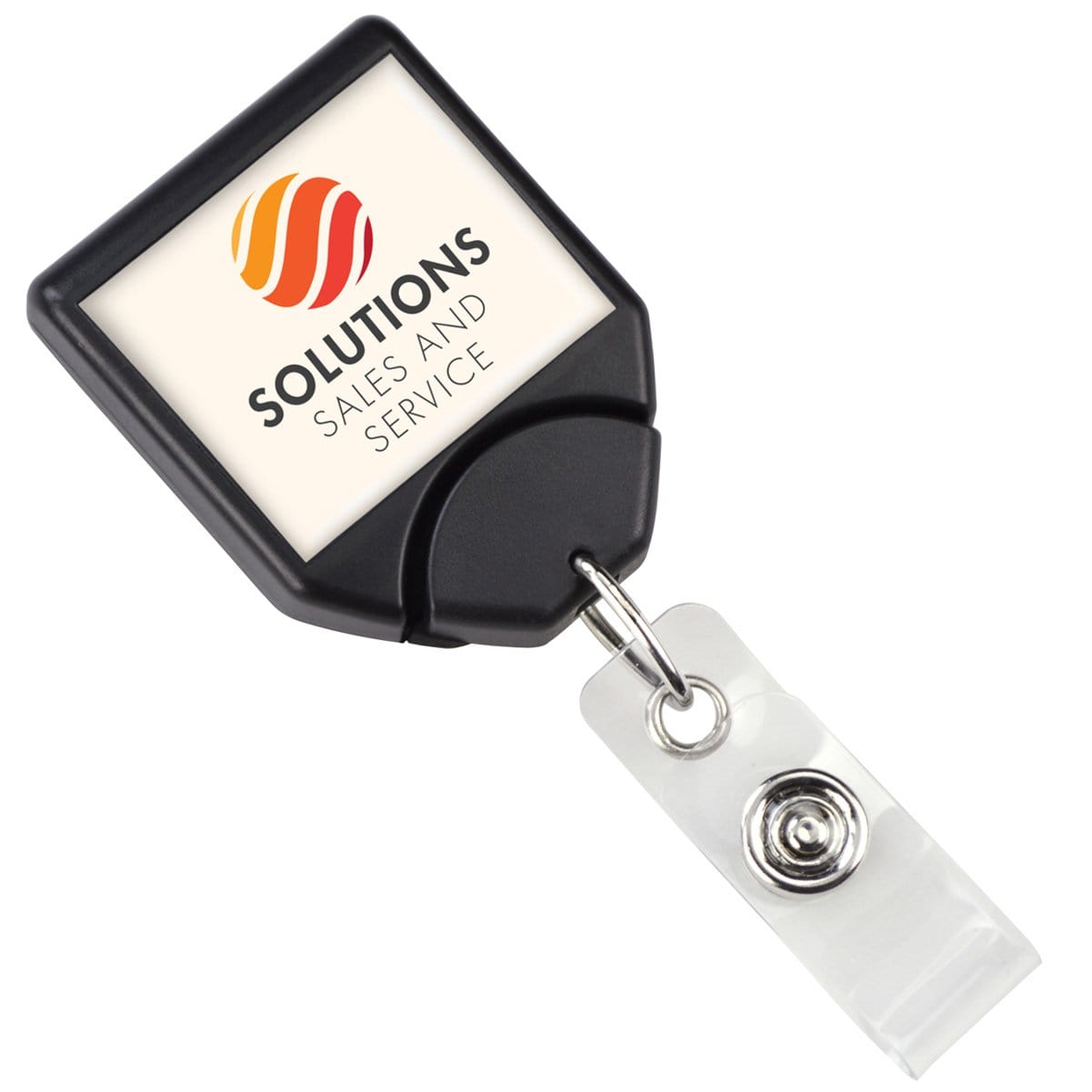 A Personalized B-REEL Retractable Badge Reel with Belt Clip - Upload Your Logo, featuring a "SOLUTIONS - SALES AND SERVICE" logo on the front, perfect for promoting brand awareness.