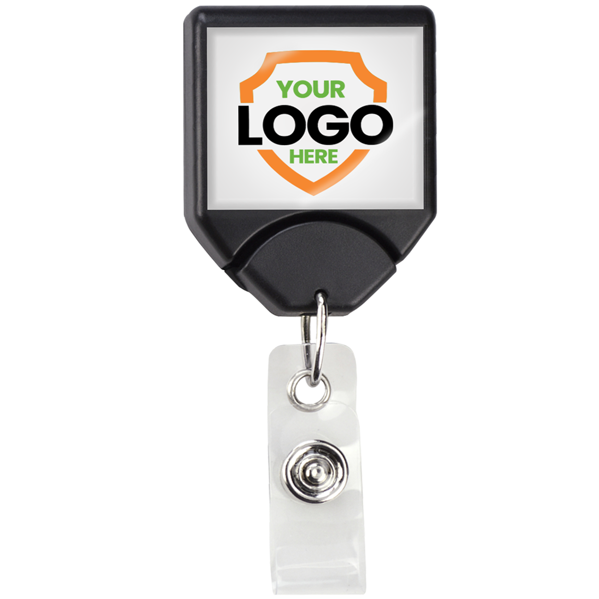 A Personalized B-REEL Retractable Badge Reel with Belt Clip - Upload Your Logo featuring a customizable logo area in the center, perfect for boosting brand awareness. The holder has a black frame and a clear clip attachment at the bottom, ideal for those looking to enhance their custom badge reels collection.
