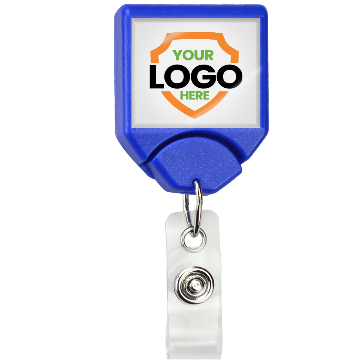Personalized B-REEL Retractable Badge Reel with Belt Clip - Upload Your Logo with a square frame displaying "Your Logo Here" inside an orange shield. Enhance brand awareness with custom badge reels featuring a clear clip attachment at the bottom.