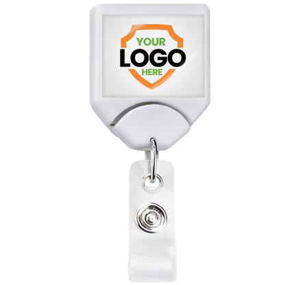 A white rectangular Personalized B-REEL Retractable Badge Reel with Belt Clip - Upload Your Logo designed for brand awareness. Sold by Specialist ID.