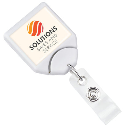 Custom Printed B-REEL Retractable Badge Reel with Saw-Toothed Swivel-clip, featuring a square attachment with the logo "SOLUTIONS SALES AND SERVICE" to promote brand awareness. Sold by Specialist ID.