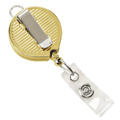 Badge Reel with Lanyard Attachment and Belt Clip (P/N 2124-302X) with a metal belt clip on the back and a clear strap for attaching an ID or badge. Sold by Specialist ID.